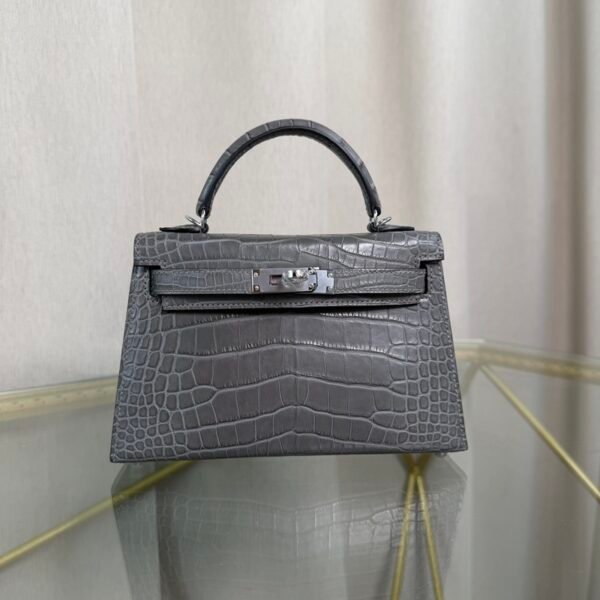 Kelly Sellier 20 Style Bag Gris Ciment Matte Alligator with Palladium Hardware