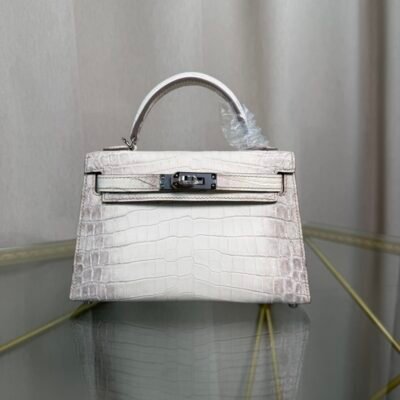 Kelly Sellier 20 Style Bag Himalaya Matte Nile Crocodile with Black Hardware