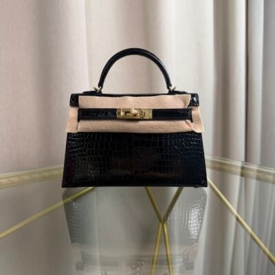 Kelly Sellier 20 Style Black Shiny Porosus Crocodile Gold Hardware