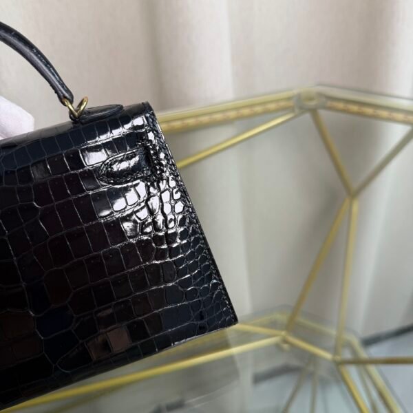 Kelly Sellier 20 Style Black Shiny Porosus Crocodile Gold Hardware Kelly Sellier 20 Style Black Shiny Porosus Crocodile Gold Hardware