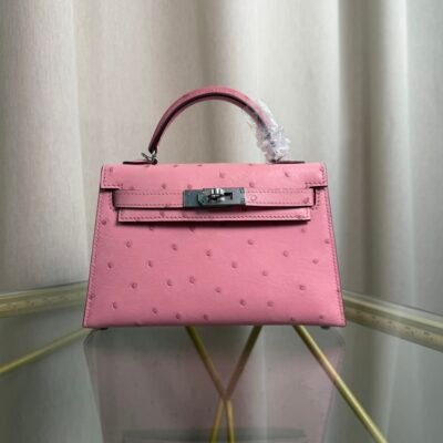 Kelly Sellier 20 Style Rose Sakura Ostrich Palladium Hardware Kelly Sellier 20 Style Ostrich Leather Bag Rose Sakura Palladium Hardware