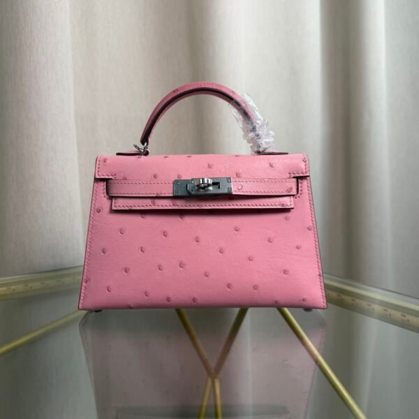 Kelly Sellier 20 Style Ostrich Leather Bag Rose Sakura Palladium Hardware