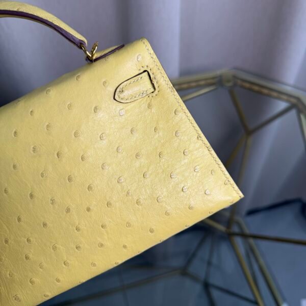 Kelly Sellier 20 Style Ostrich Leather Bag Jaune Citron Gold Hardware