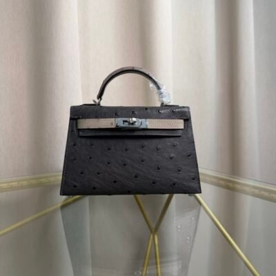 Kelly Sellier 20 Style Ostrich Leather Bag Graphite Gris Perle Palladium Hardware