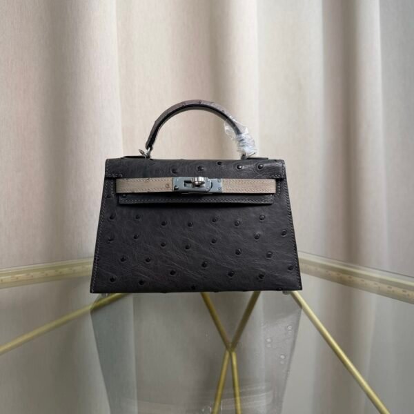 Kelly Sellier 20 Style Ostrich Leather Bag Graphite Gris Perle Palladium Hardware