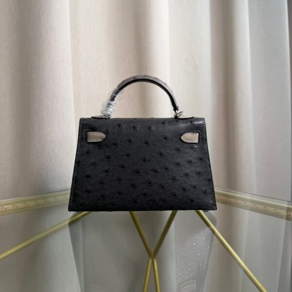 Kelly Sellier 20 Style Ostrich Leather Bag Graphite Gris Perle Palladium Hardware