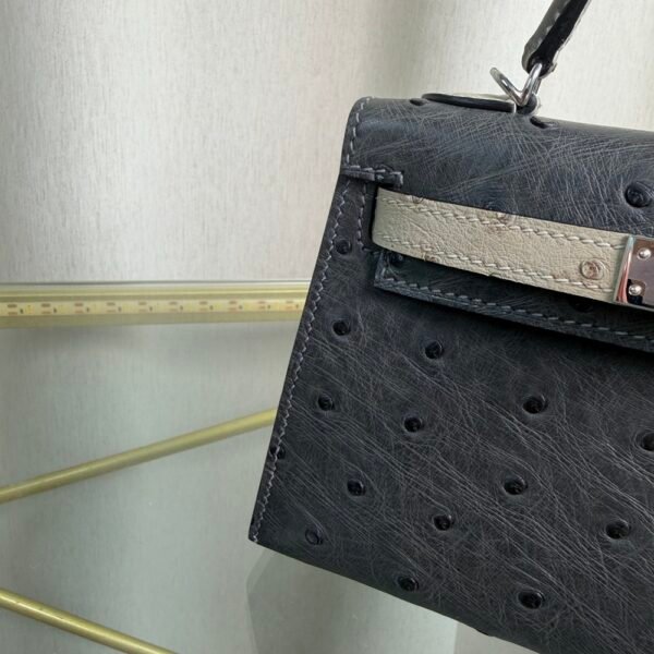 Kelly Sellier 20 Style Ostrich Leather Bag Graphite Gris Perle Palladium Hardware