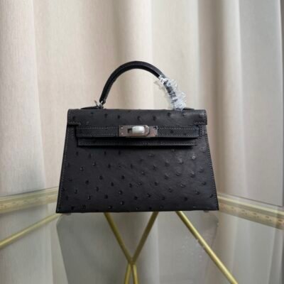 Kelly Sellier 20 Style Noir Ostrich Palladium Hardware Kelly Sellier 20 Style Ostrich Leather Bag Noir Palladium Hardware