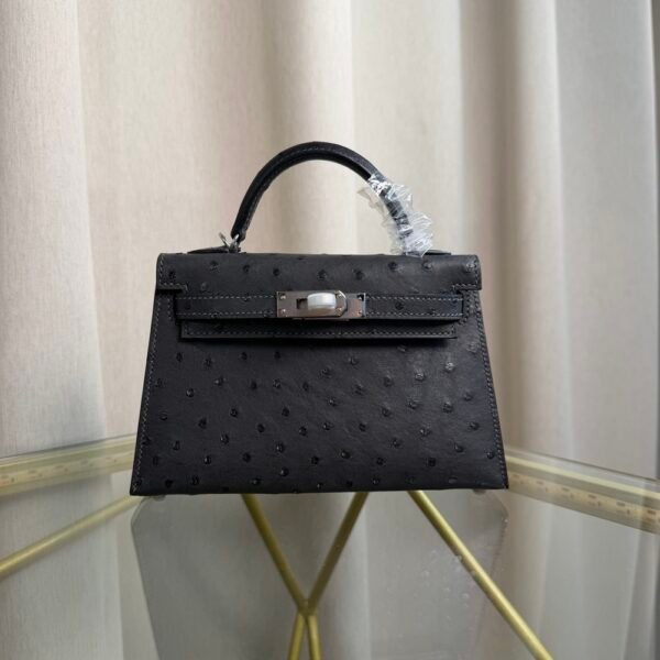 Kelly Sellier 20 Style Ostrich Leather Bag Noir Palladium Hardware