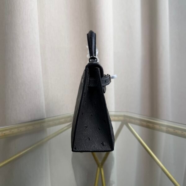 Kelly Sellier 20 Style Ostrich Leather Bag Noir Palladium Hardware