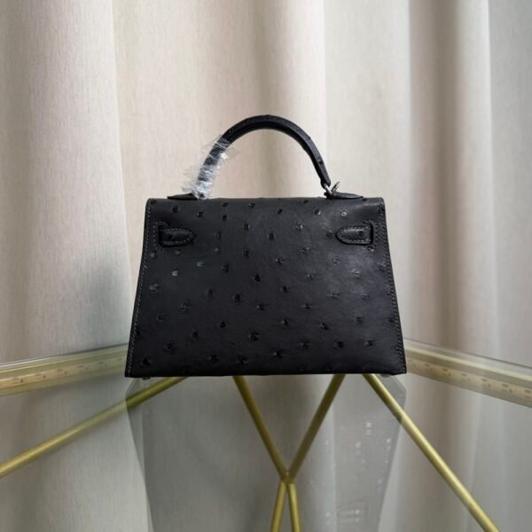 Kelly Sellier 20 Style Ostrich Leather Bag Noir Palladium Hardware
