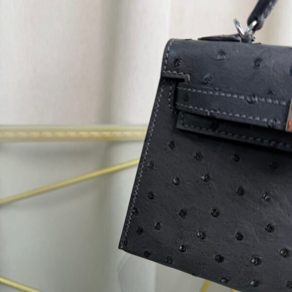 Kelly Sellier 20 Style Ostrich Leather Bag Noir Palladium Hardware