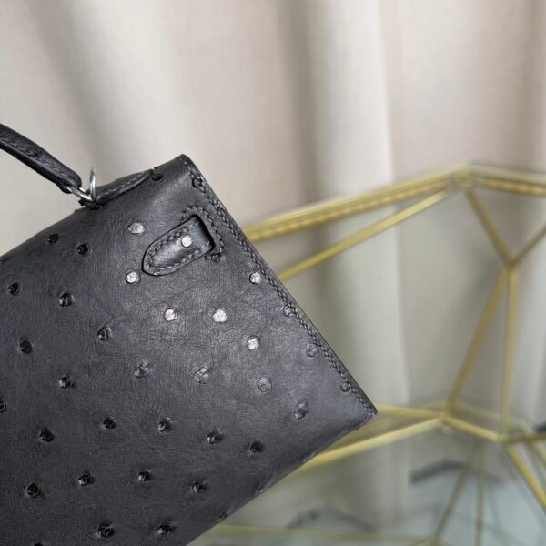 Kelly Sellier 20 Style Ostrich Leather Bag Noir Palladium Hardware