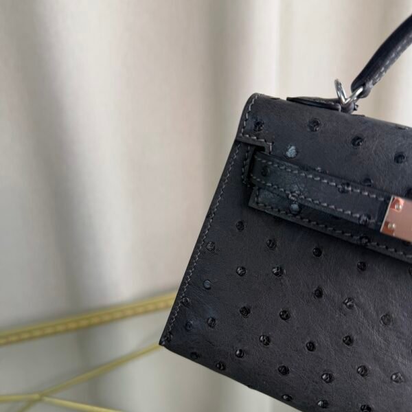 Kelly Sellier 20 Style Ostrich Leather Bag Noir Palladium Hardware