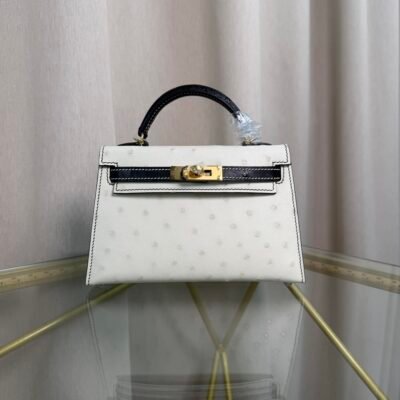 Kelly Sellier 20 Style Nata and Black Ostrich Gold Hardware Kelly Sellier 20 Style Nata and Black Ostrich Gold Hardware