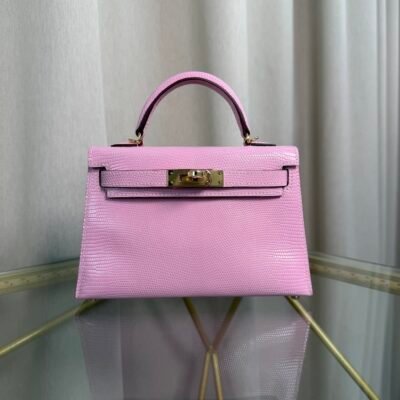 Mini Kelly II Sellier 20 Style Rose Sakura Lizard Gold Hardware handbag