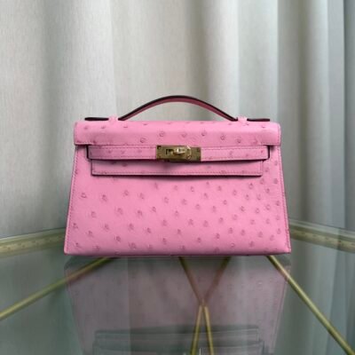 Kelly Pochette Style Rose Sakura Ostrich Gold Hardware