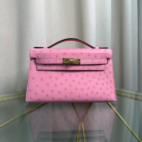 Kelly Pochette Style Rose Sakura Ostrich Gold Hardware