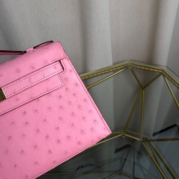 Kelly Pochette Style Rose Sakura Ostrich Gold Hardware