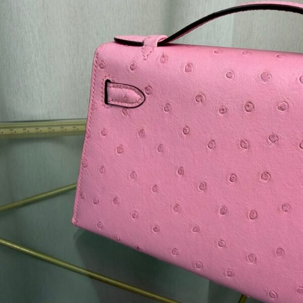 Kelly Pochette Style Rose Sakura Ostrich Gold Hardware