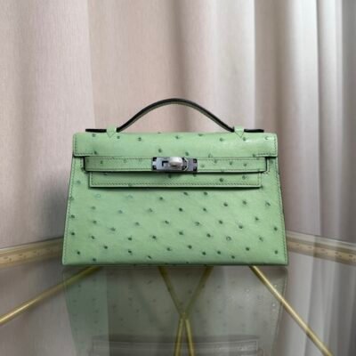 Kelly Pochette Style Vert Criquet Ostrich Palladium Hardware
