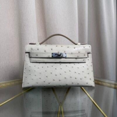 Kelly Pochette Style Gris Perle Ostrich Palladium Hardware