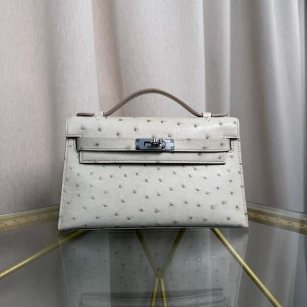 Kelly Pochette Style Gris Perle Ostrich Palladium Hardware Kelly Pochette Style Gris Perle Ostrich Palladium Hardware
