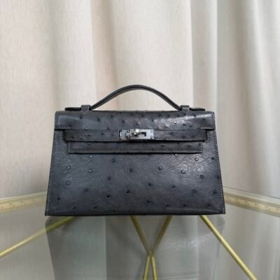 Kelly Pochette Style Graphite Ostrich Palladium Hardware