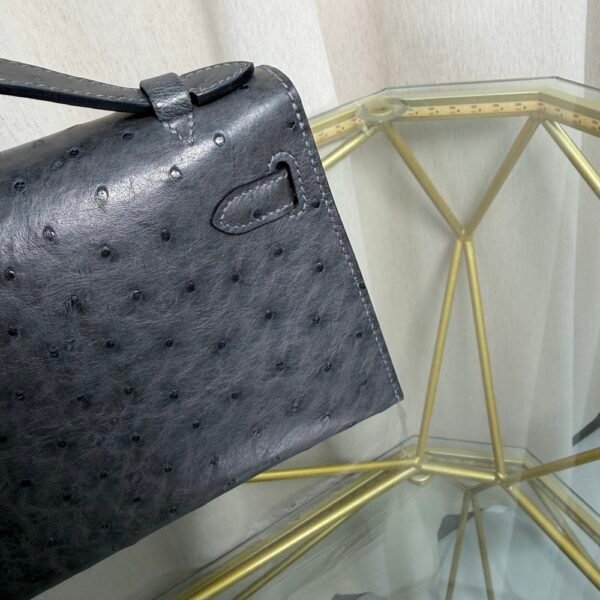 Kelly Pochette Style Graphite Ostrich Palladium Hardware
