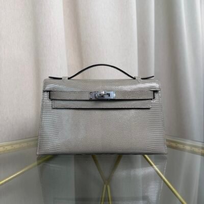Kelly Pochette Style Gris Foncé Shiny Lizard Palladium Hardware