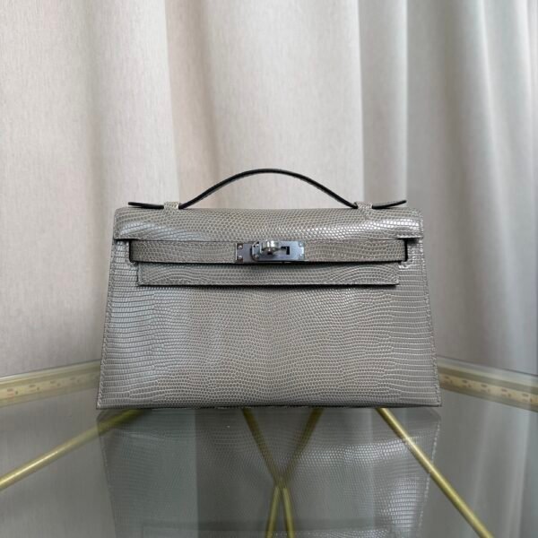 Kelly Pochette Style Gris Foncé Shiny Lizard Palladium Hardware