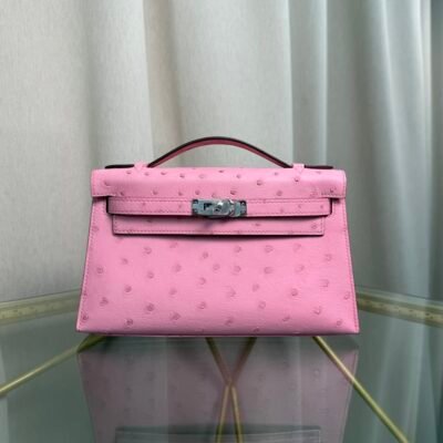 Kelly Pochette Style Rose Sakura Ostrich Palladium Hardware