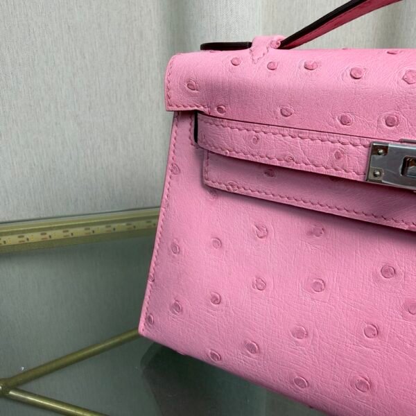 Kelly Pochette Style Rose Sakura Ostrich Palladium Hardware