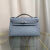 Kelly Pochette Style Bleu Lin Ostrich Palladium Hardware
