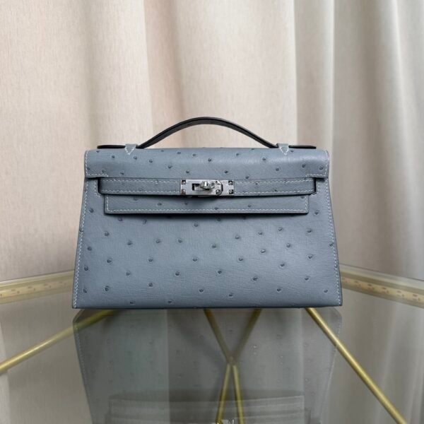 Kelly Pochette Style Bleu Lin Ostrich Palladium Hardware