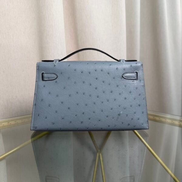 Kelly Pochette Style Bleu Lin Ostrich Palladium Hardware