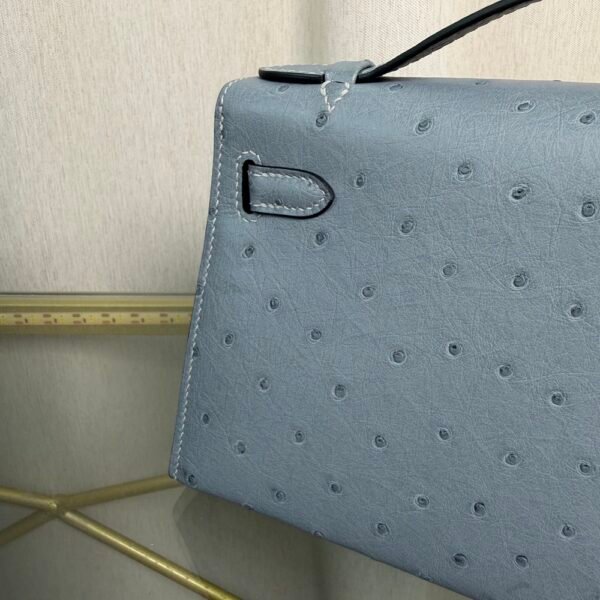 Kelly Pochette Style Bleu Lin Ostrich Palladium Hardware