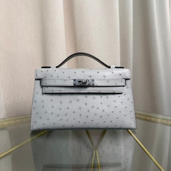 Kelly Pochette Style Bleu Glacier Ostrich Palladium Hardware