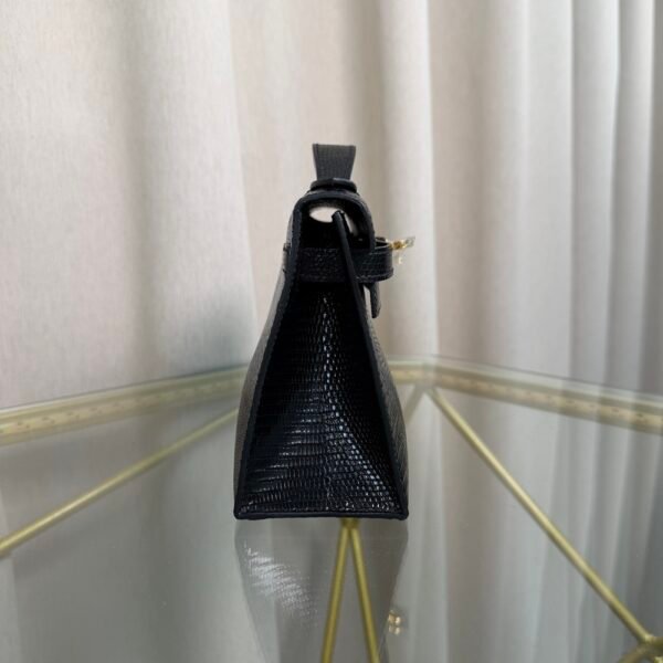 Kelly Pochette Style Black Shiny Lizard Gold Hardware