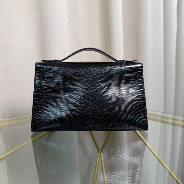 Kelly Pochette Style Black Shiny Lizard Gold Hardware
