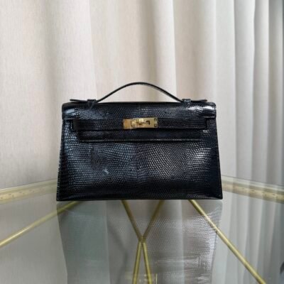 Kelly Pochette Style Black Shiny Lizard Gold Hardware