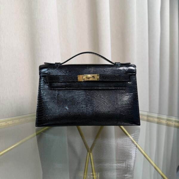 Kelly Pochette Style Black Shiny Lizard Gold Hardware