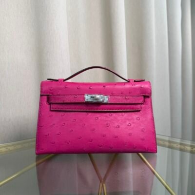 Kelly Pochette Style Rose Shocking Ostrich Palladium Hardware