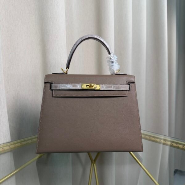Kelly Sellier 25 Etoupe Madame and Shiny Gris Galaxie Niloticus Crocodile Touch Gold Hardware