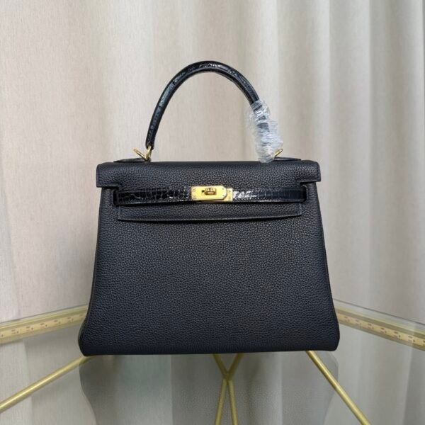 Kelly Retourne 25 Style Black Togo and Shiny Alligator Touch Gold Hardware