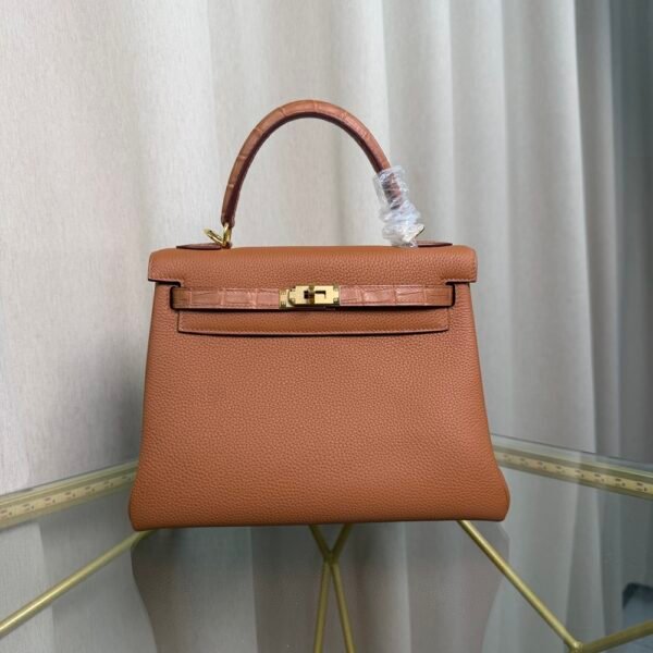 Kelly Retourne 25 Gold Togo and Matte Porosus Crocodile Touch Gold Hardware