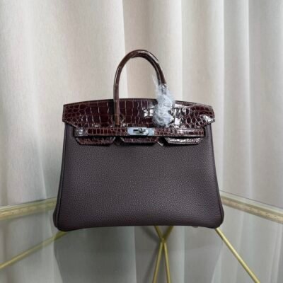 Birkin Retourne 25 Style Ebene Togo and Shiny Porosus Crocodile Touch Palladium Hardware