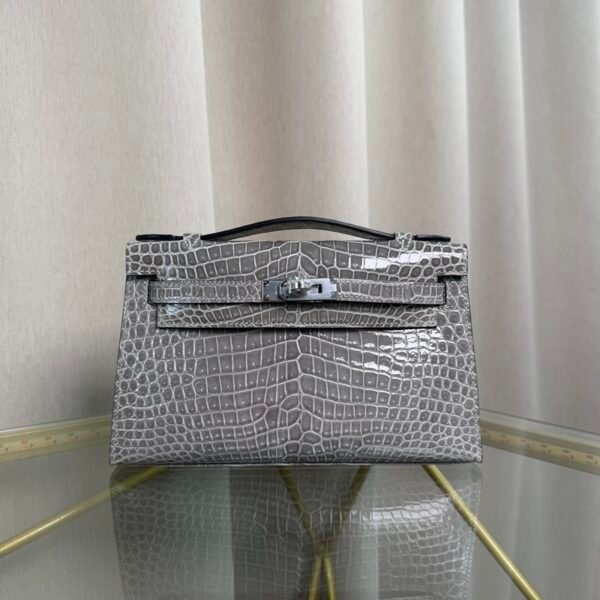 Kelly Pochette Style Gris Ciment Shiny Porosus Crocodile Palladium Hardware