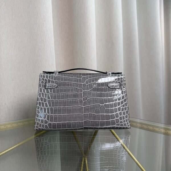 Kelly Pochette Style Gris Ciment Shiny Porosus Crocodile Palladium Hardware