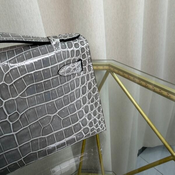 Kelly Pochette Style Gris Ciment Shiny Porosus Crocodile Palladium Hardware